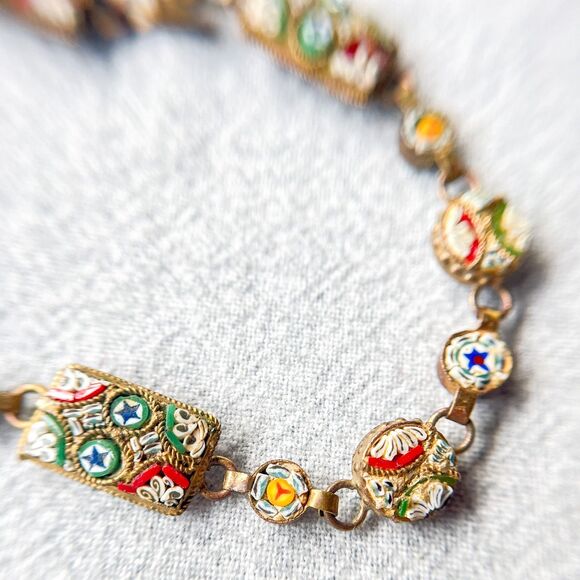 Antique Italian Micro Mosaic Bracelet - Gilt Brass - Estate Costume Jewelry - Picture 12 of 16